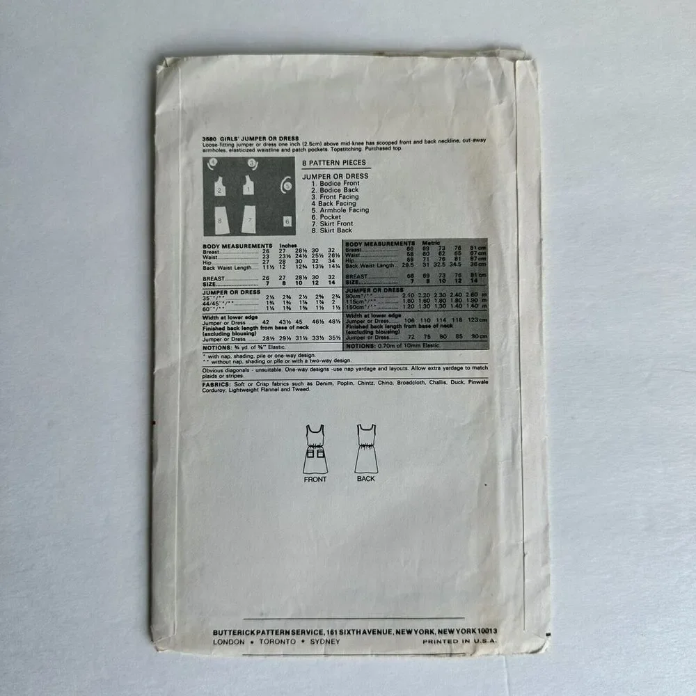 Vintage 80s Butterick 3580 EASY Sewing Pattern Girls Jumper Dress Sz 7 UNCUT